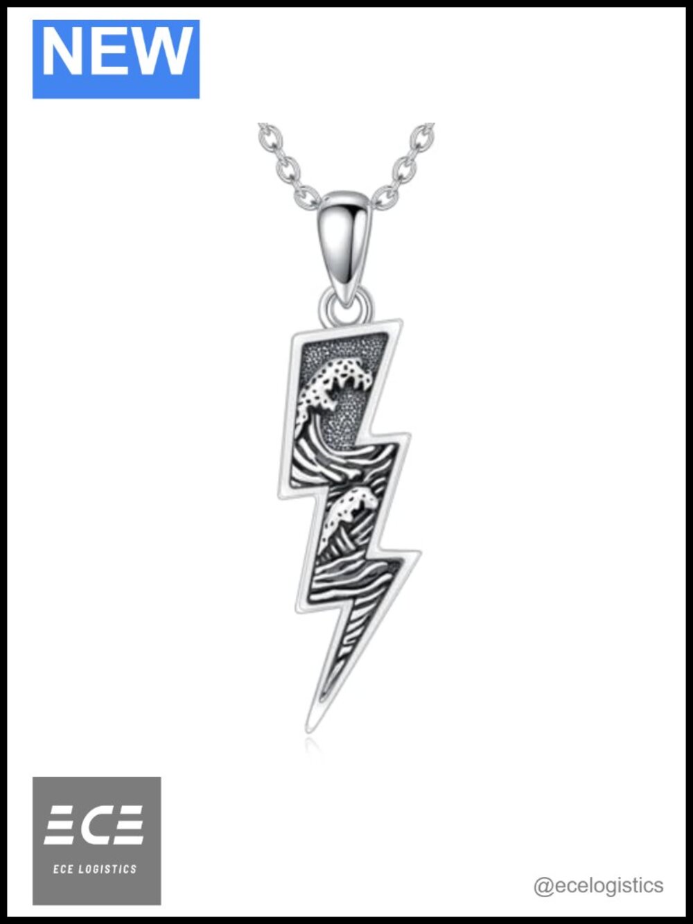 925 Sterling Silver Lightning Bolt Necklace Ocean Wave Pendant 18in